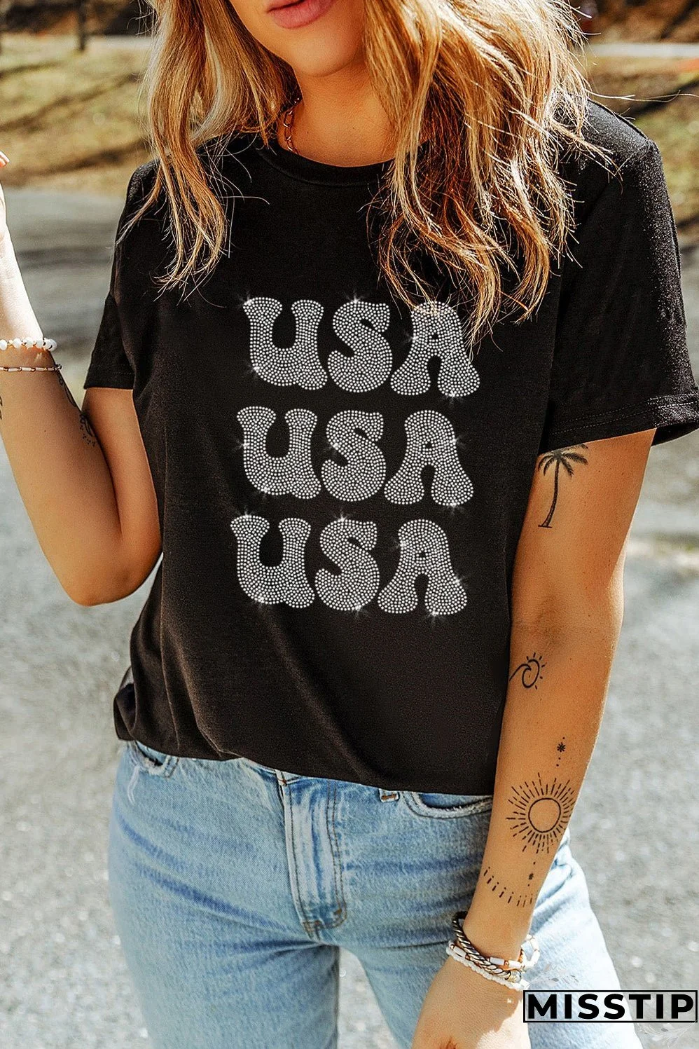USA Rhinestone Round Neck Short Sleeve T-Shirt