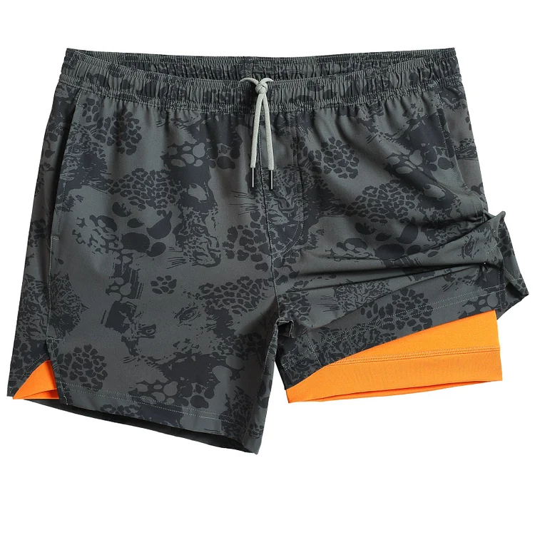2 in 1 Stretch Short Lined Grey Leopard Gym Shorts