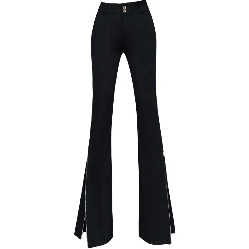 Zoki Elegant Women Flare Pants High Quality Elastic Korean Black Split Spring Lady Trousers Fashion High Waist Button Full Pants