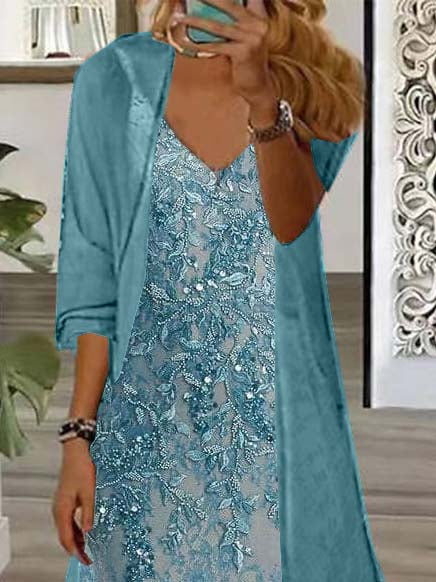 Women's Long Sleeve V-neck Floral Printed Two Pieces Maxi Dress