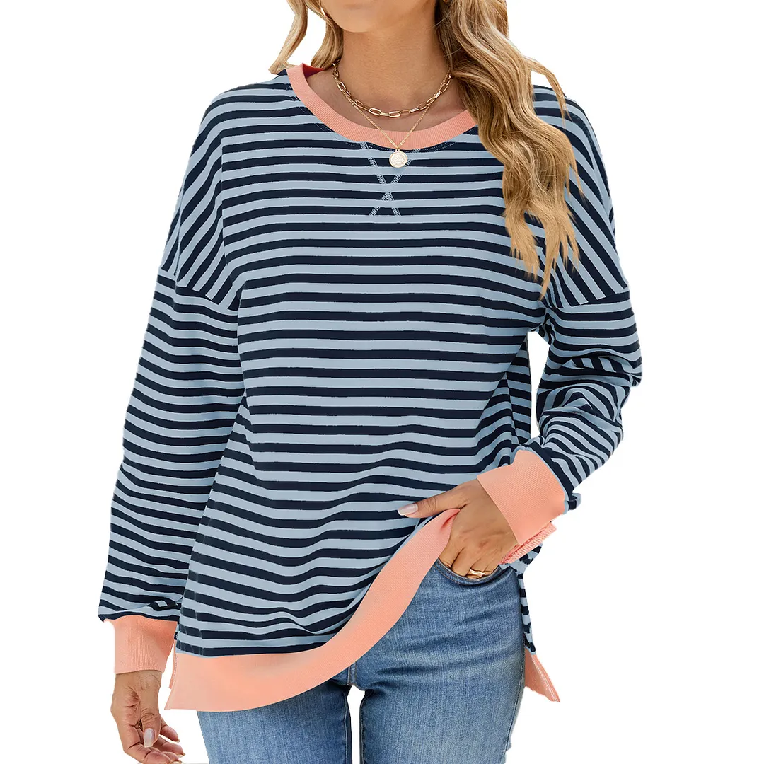 Churchf Churchf New 2024 Round Collar Stripe Splicing Split Loose Hoodie Top