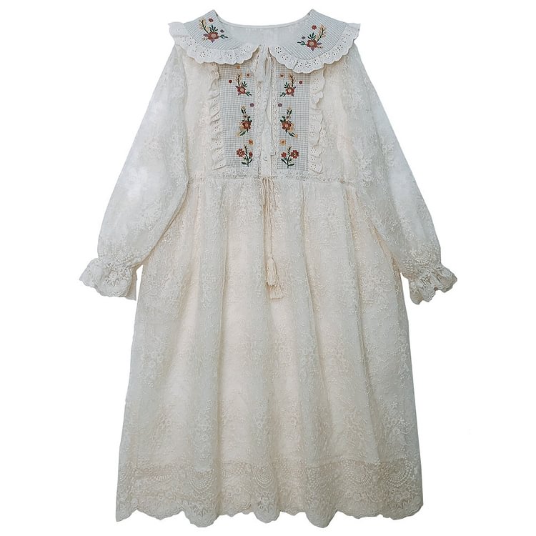 Queenfunky cottagecore style Embroidered Lace Dress With Drawstring QueenFunky