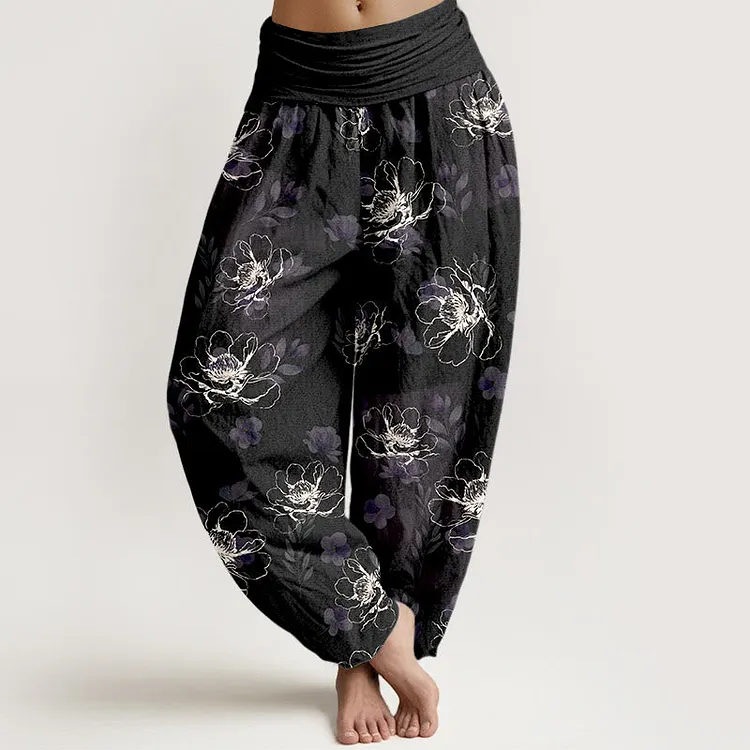 Cotton Exquisite Retro Flower Pattern Women's Elastic Waist Harem Pants