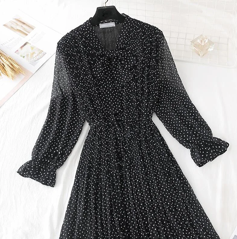 2020 Elegant Women Dress Vintage Bow Polka Dot Print Loose Midi Dress Female Casual Ruffles Pleated Chiffon Dresses Vestidos