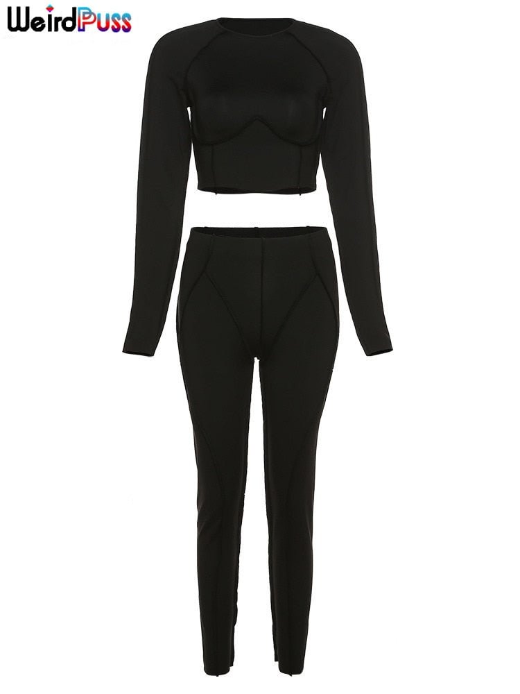 Weird Puss Fitness Women 2Piece Set Long Sleeve Crop Top+ Leggings Striped Casual Sporty Tracksuit Skinny Matching Street Outfit