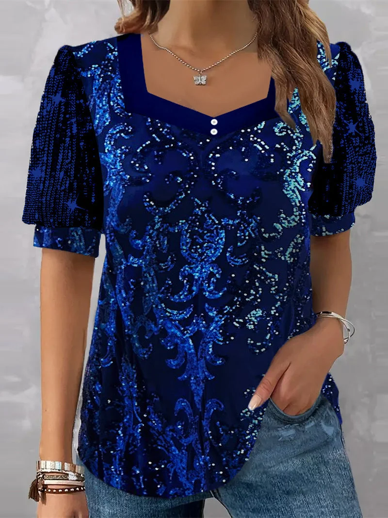 Women's Short Sleeve V-neck Graphic Printed Sequins Stitching Top