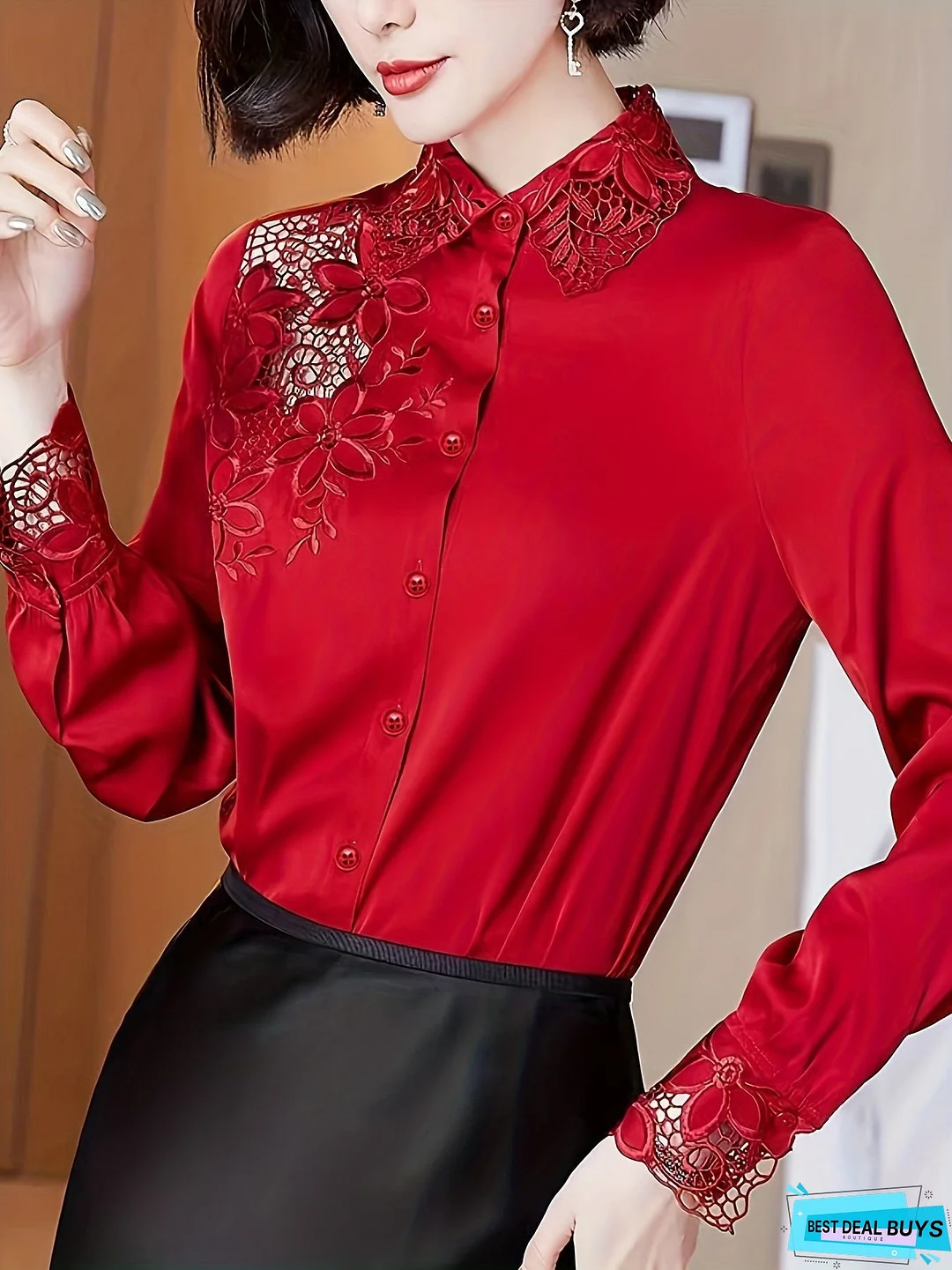 Hollow Out Button Up Shirt, Long Sleeve Casual Top For All Season, Women's Clothing