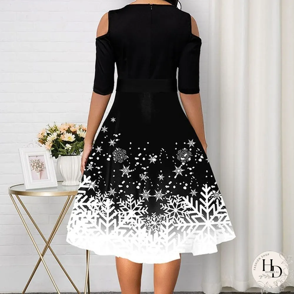 Womens Belted Snowflake Print Cold Shoulder Round-neck Elegant Dress Plus Size Fashion