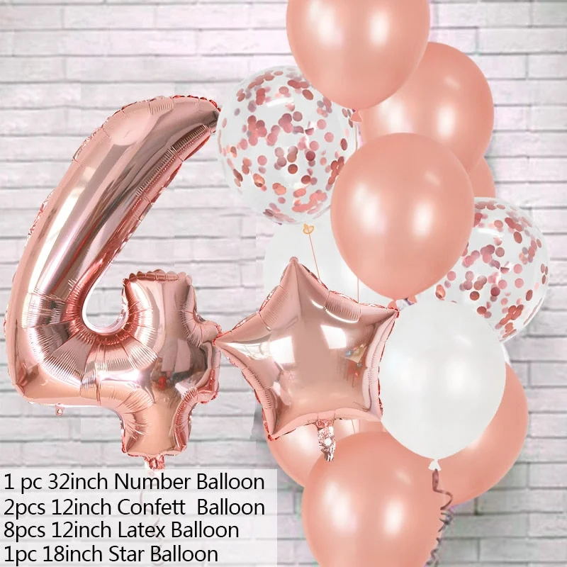 12Pcs Rose Gold Number Foil Latex Balloons Kids Adult Birthday Party Decoration 1st Birthday Gril Boy Decor Baby Shower Balloon