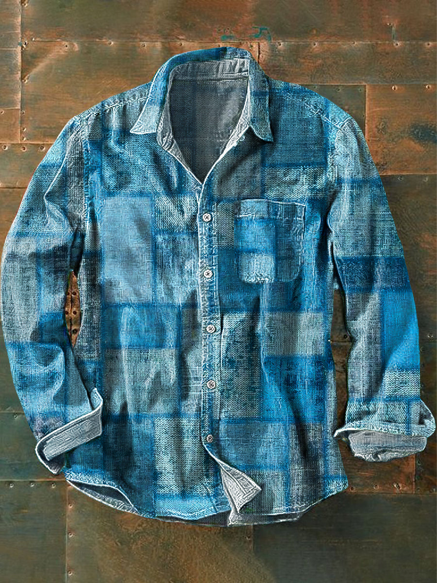 Men's Vintage Trompe l'oeil Plaid Art Print Long Sleeve Pocket Shirt