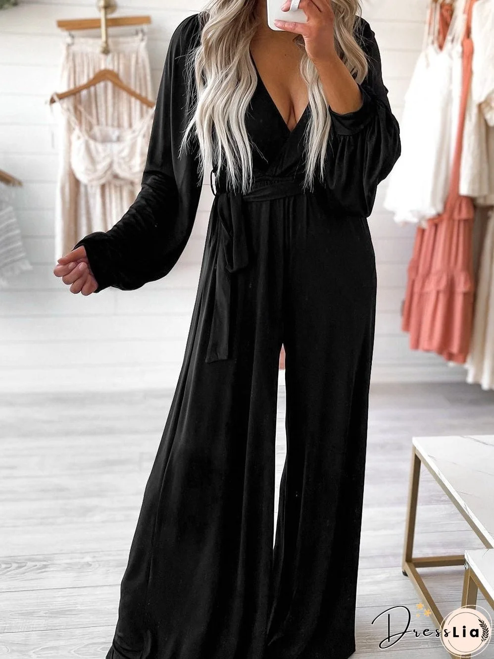 Stylish Black Jumpsuit with Wrap V-Neck and Belt