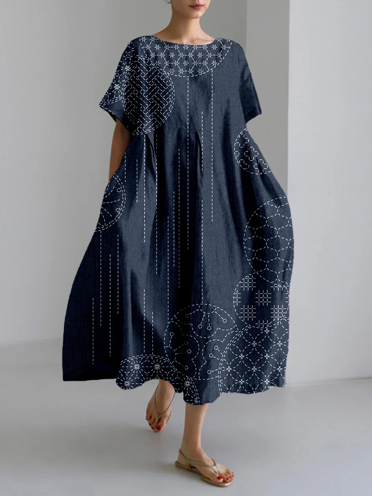 VChics Windchimes Japanese Sashiko Art Linen Blend Maxi Dress