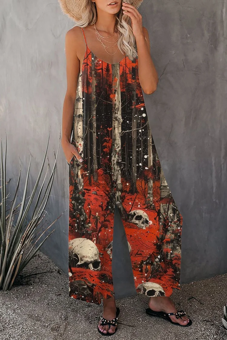 Vintage Forest Blood Skull Halloween Print Wide leg Jumpsuit with Pockets