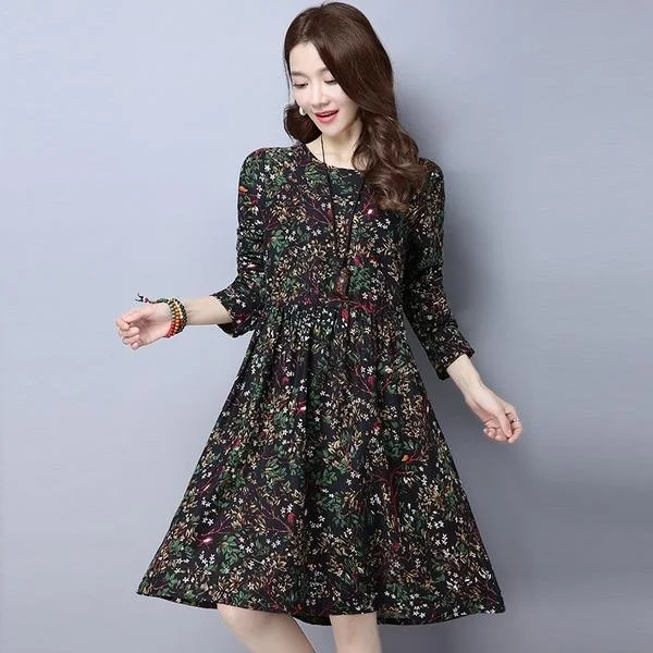 long sleeve plus size cotton linen vintage floral women casual loose midi autumn spring dress  2020 ladies dress