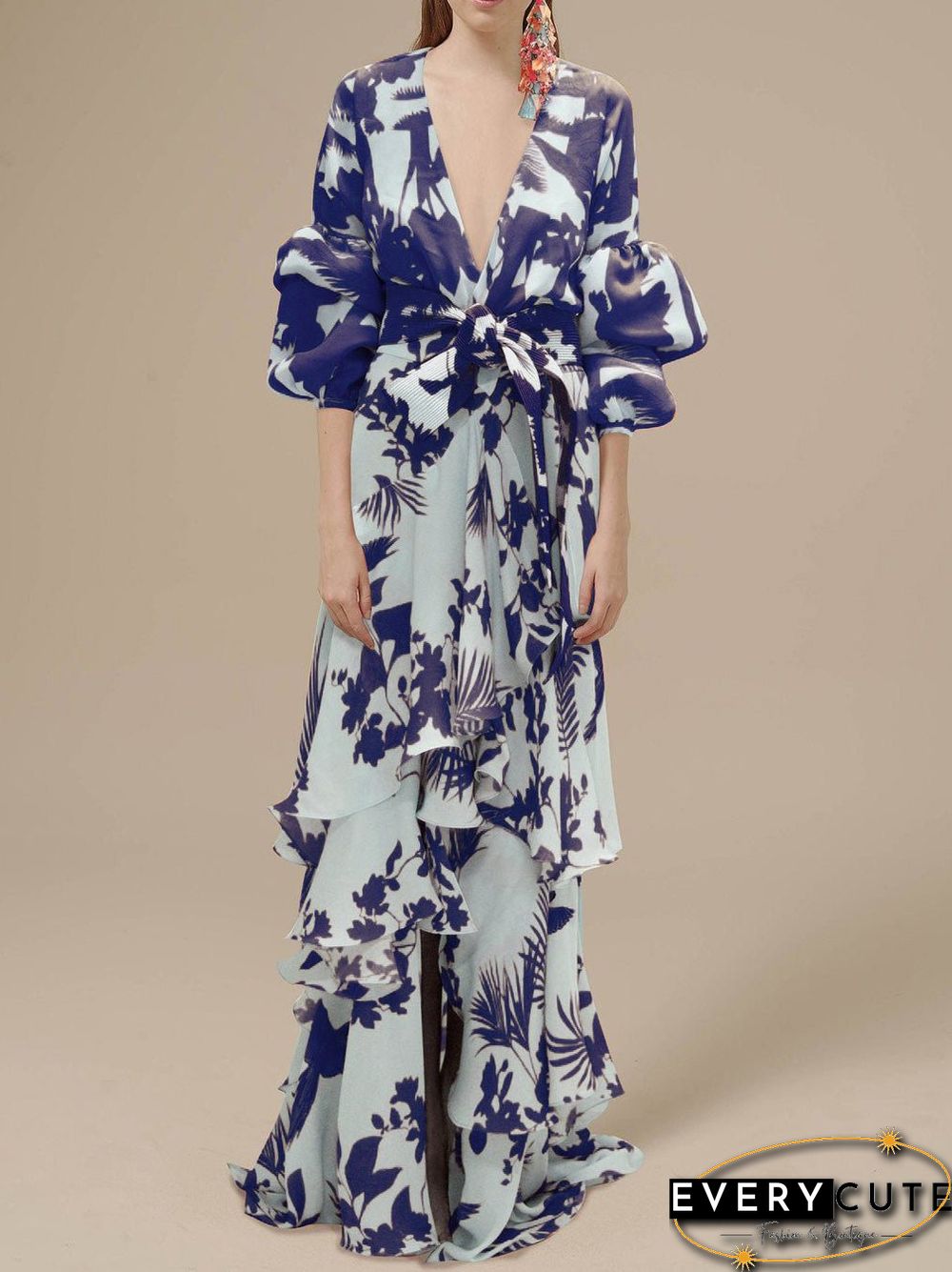 Women'S Dresses Deep V Neck Irregular Boho Print Chiffon Dress