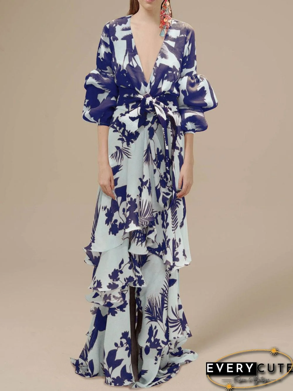 Women'S Dresses Deep V Neck Irregular Boho Print Chiffon Dress