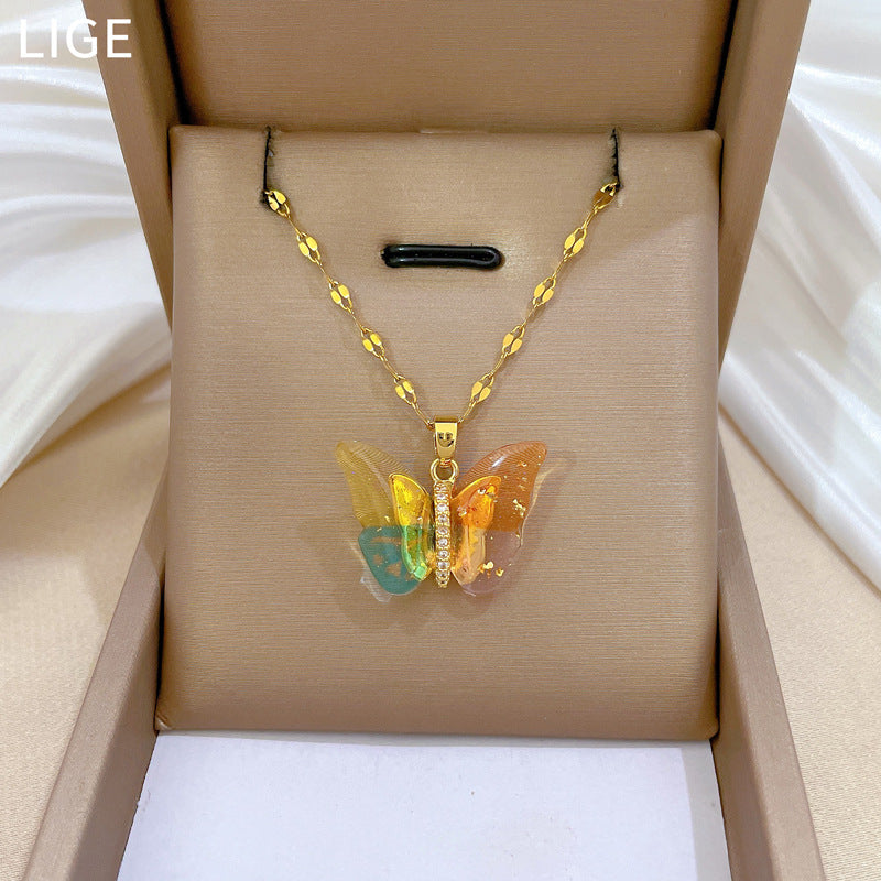 Colorful Butterfly Personality Fashion Gorgeous Full Diamond Necklace Women’S All-Match Clavicle Chain Titanium Steel