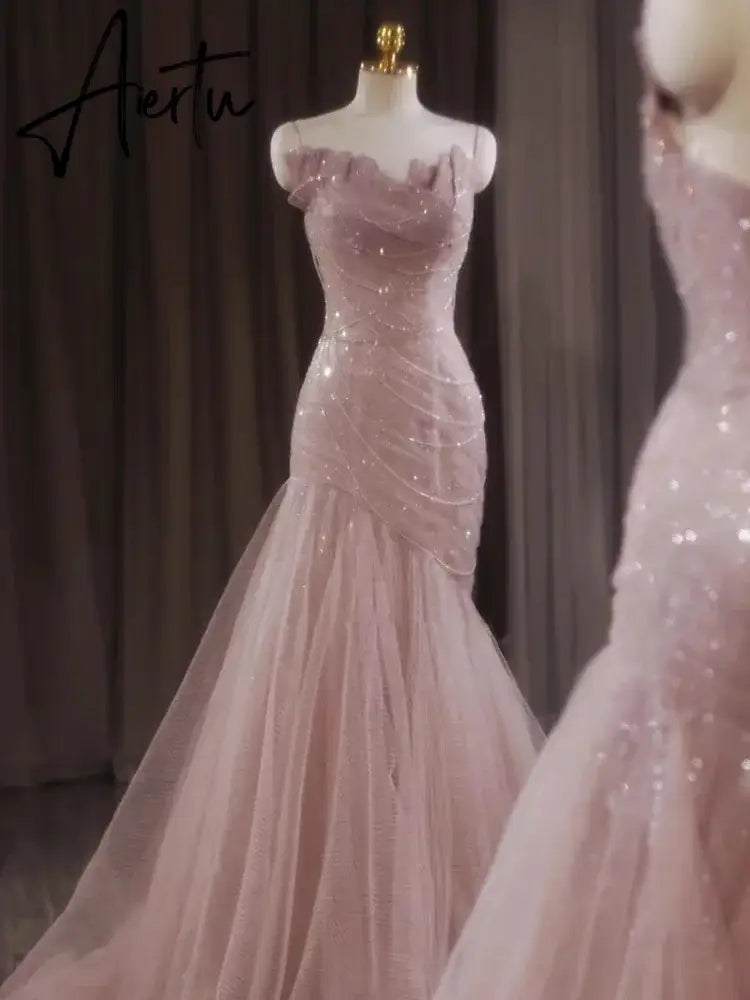 Aiertu Rose Pink Mermaid Evening Dresses Pleat Asymmetry Chain Shiny Sequined Long Slim Fairy French Celebrity Prom Party Gowns Woman Aiertu