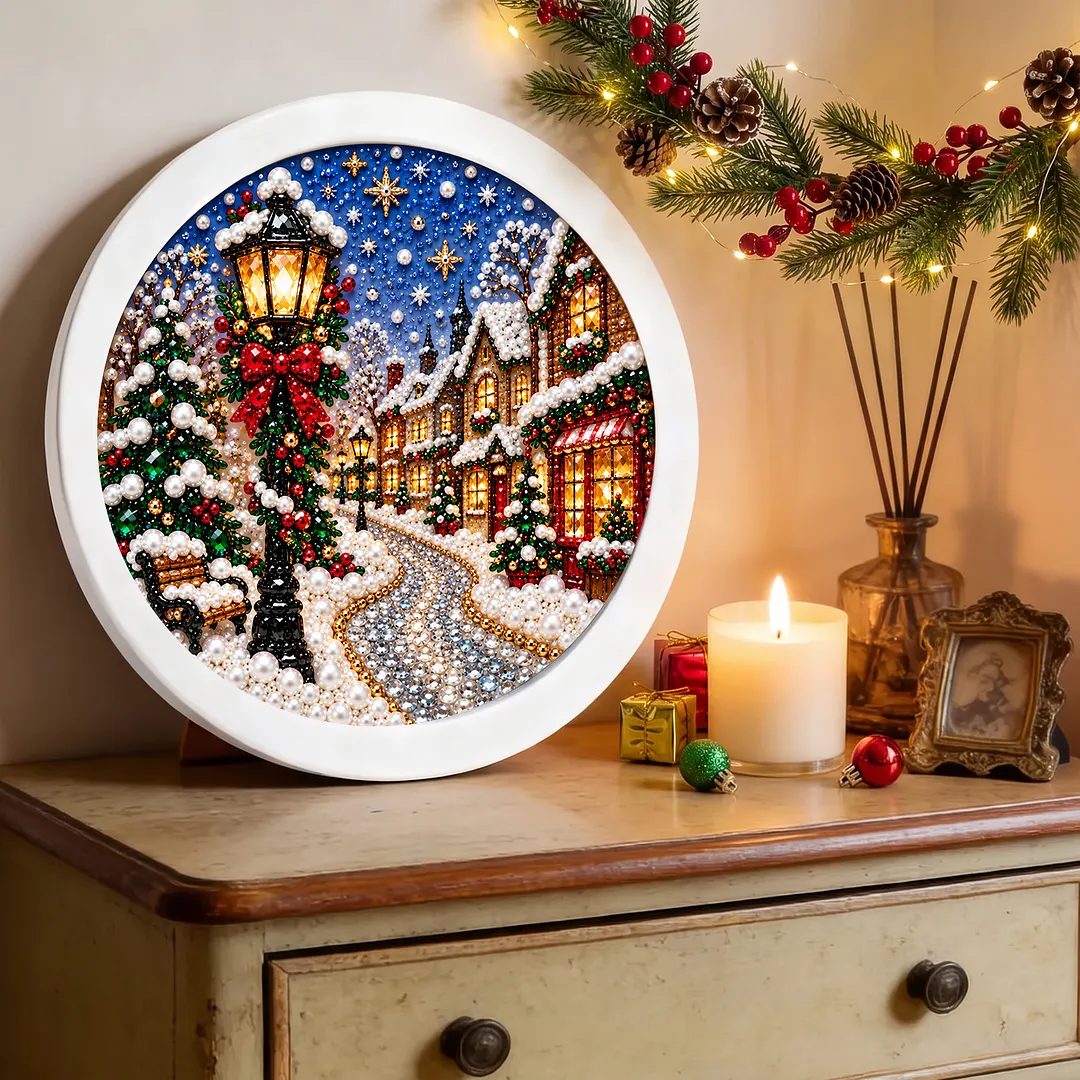 Framed 5D Diamond Painting Kit Holiday Village Scene 7.87x7.87in