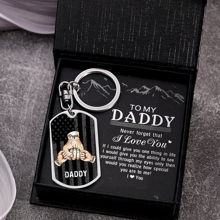 2 Kids and Daddy-Personalized Fist Bump Keychain Engrave 3 Names For Father/Grandpa