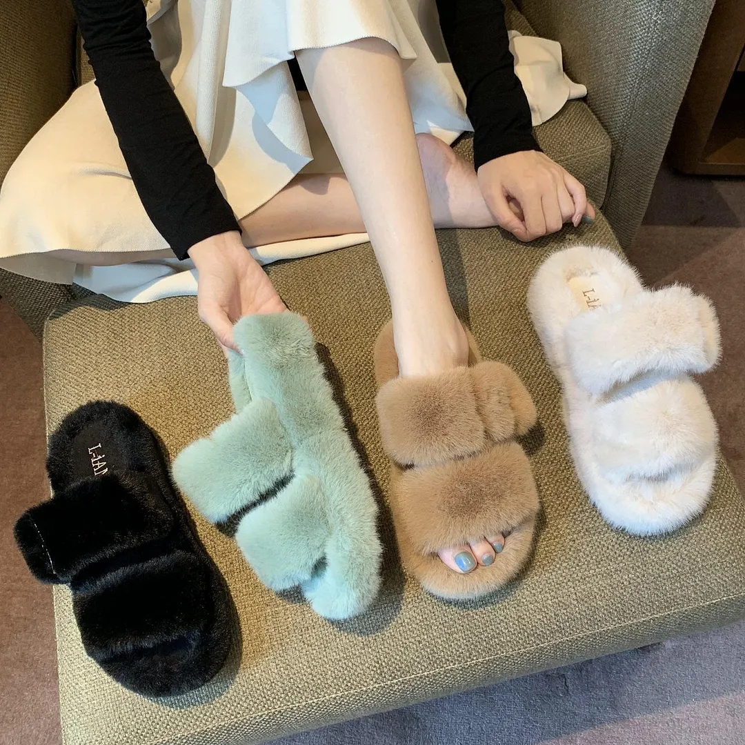 Women's fur Winter slippers 2021 Plush fluffy Home Slippers Women Cozy Soft Warm Furry Indoor House Shoes Platform Flip Flops