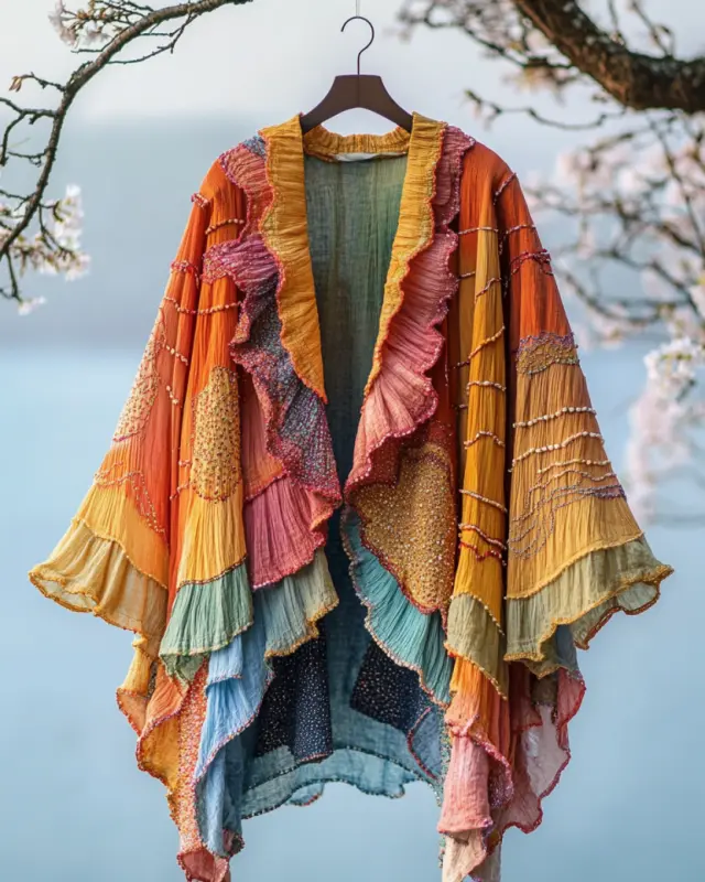 Summer Vacation Ruffle Lace Rainbow Contrast Kimono 20f7