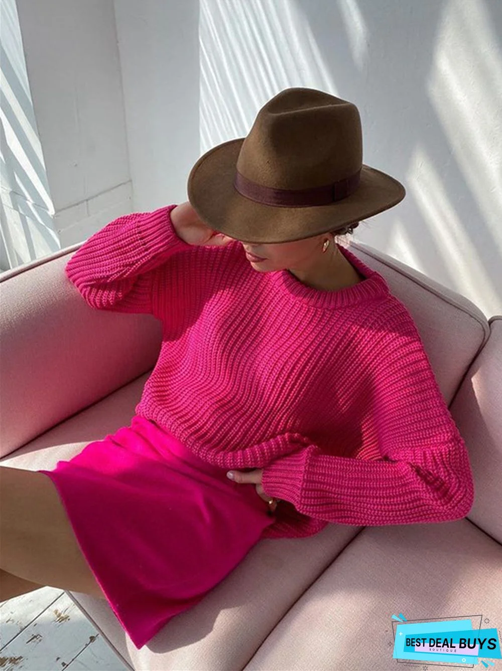 Solid Color Casual Loose Long Sleeve Round Neck Knitting Sweater