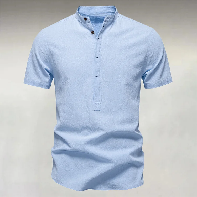 Men's Casual Cotton And Linen Stand Collar Short Sleeve Half Button Shirt
