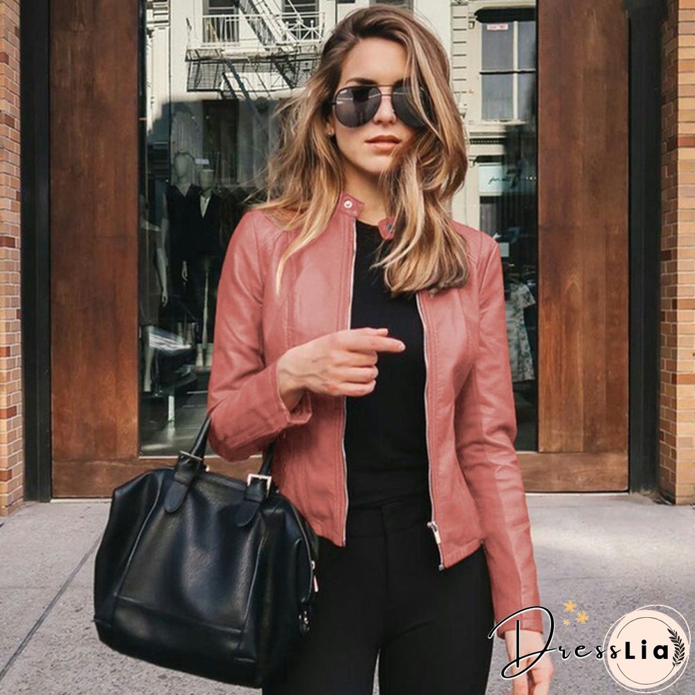 Women Spring Zipper Casual PU Leather Soft Motorcycle Leather Jacket Coat
