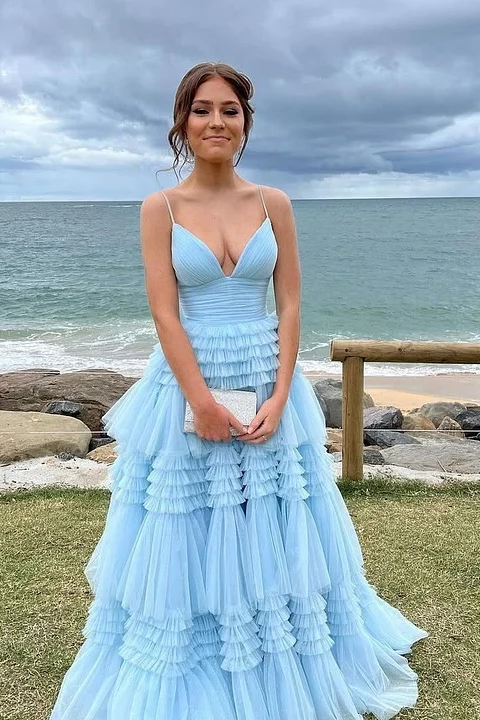 Daisda Baby Blue Deep V-Neck Spaghetti Straps A-Line Prom Dress