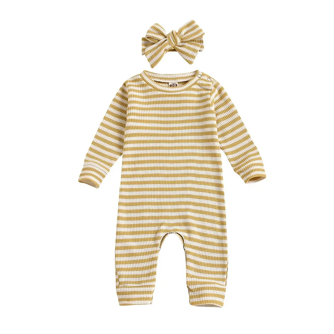 Newborn Baby Girls Long Sleeve Romper, Horizontal Stripe Printing Classic Round Neck Ribbed Closing Sping Clothing