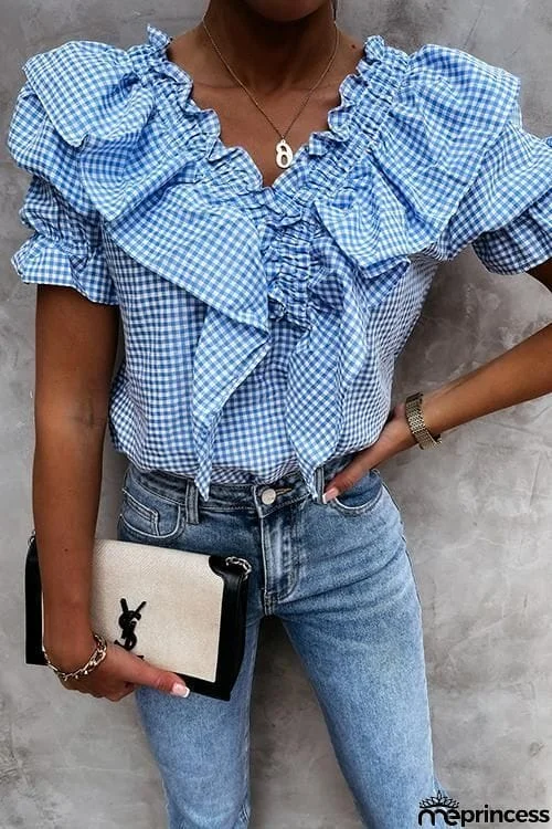 Plaid Ruffles V Neck Puff Sleeve Blouse