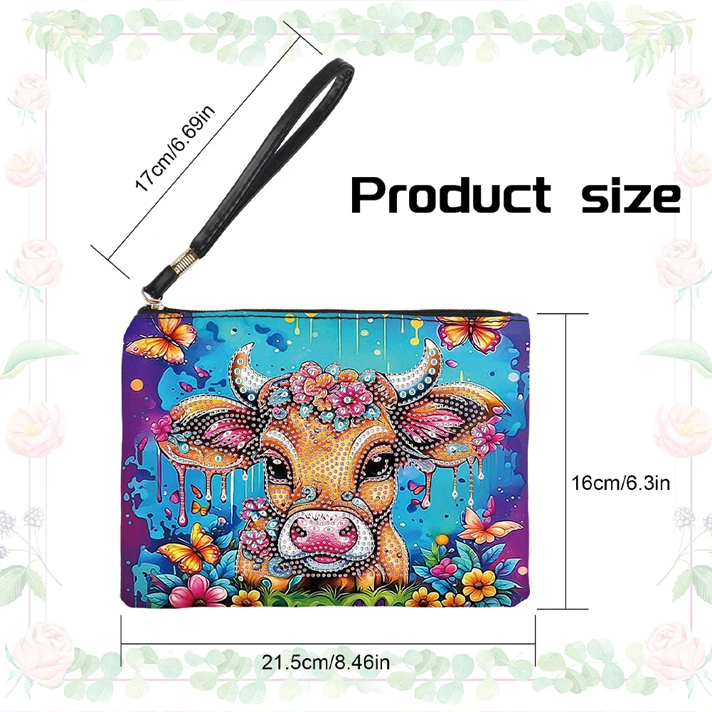 DIY Flowers Cow PU Partial Special Shaped Diamond Painting Wallet Makeup Bag