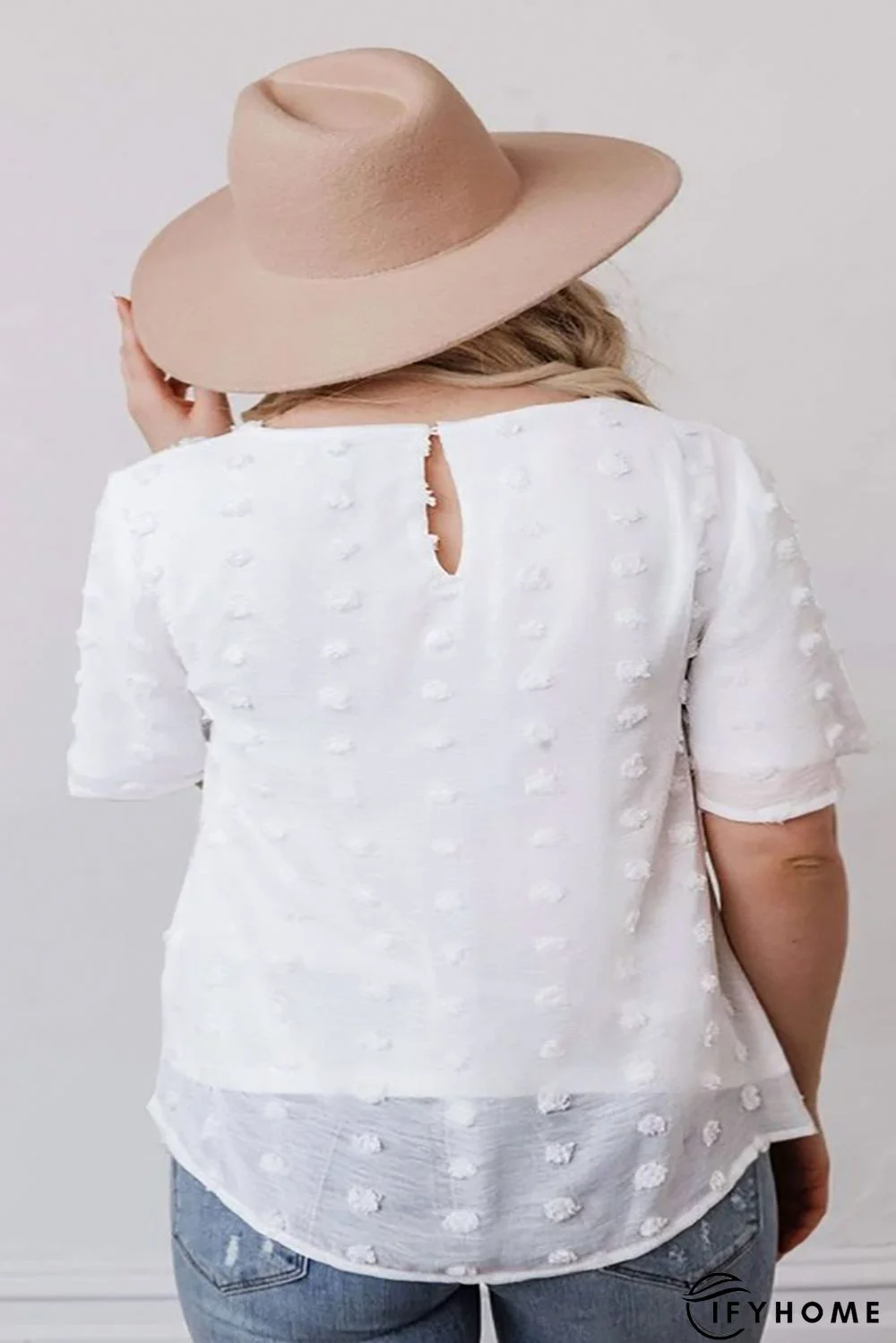 White Plus Size Swiss Dot Texture Short Sleeve Top | IFYHOME