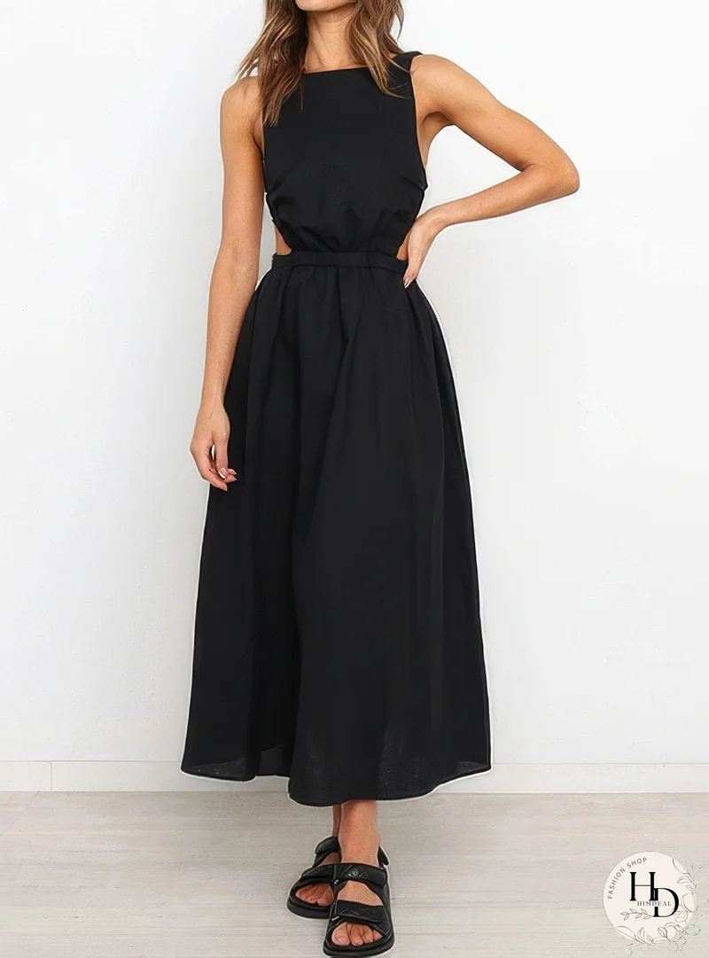 Vestido midi fruncido para mujer para verano - Espalda expuesta / Tirantes de 3" de ancho