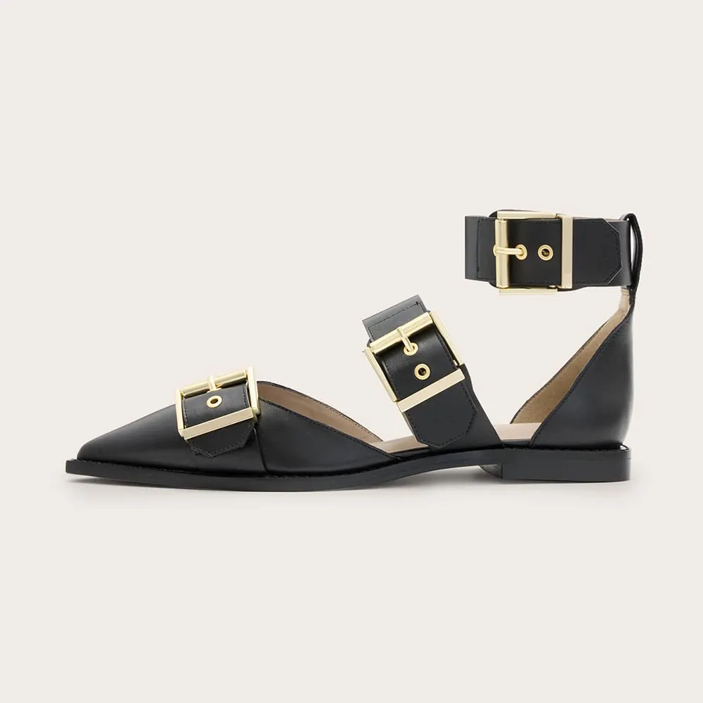 Fashion Black Pointed Toe Ankle Strap Buckled Women's Dress Flats