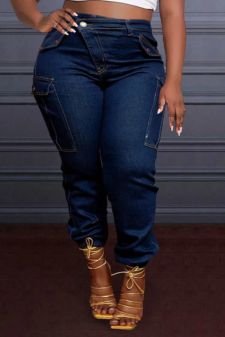 Xpluswear Design Plus Size Blue Daily Denim Asymmetric Waist With Pocket Cargo Jeans 
