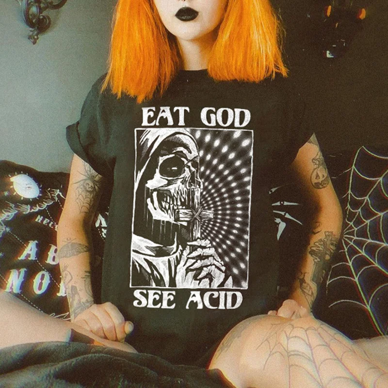 Eat God See Acid Skull Printed Women's T-shirt -  