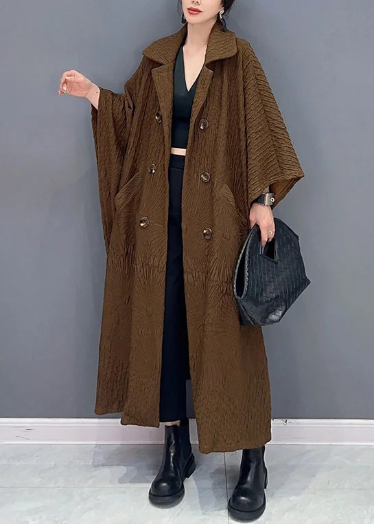 French Brown Double Breast Pockets Cotton Long Trench Coat Batwing Sleeve