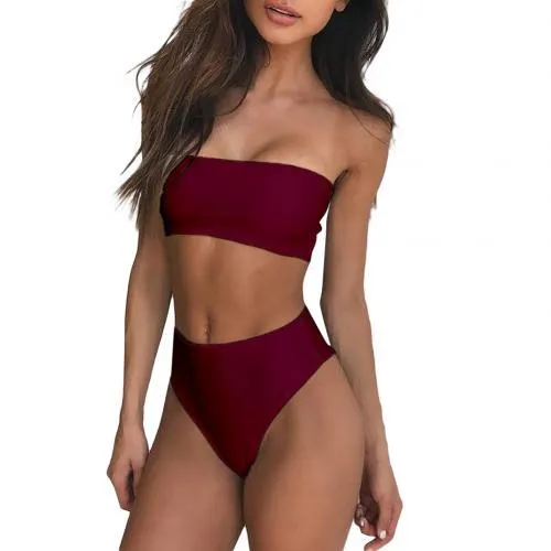 Sexy Women Solid Color Tube Top Bandeau High Waist Panties Set Bikini Swimwear