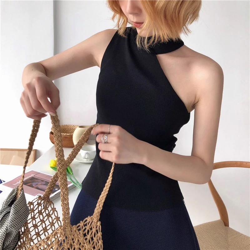 Knitted Sweater Off Shoulder Pullovers Sweater for Women Sleeveless Turtleneck Female Jumper Black White Beige Sexy Clothing