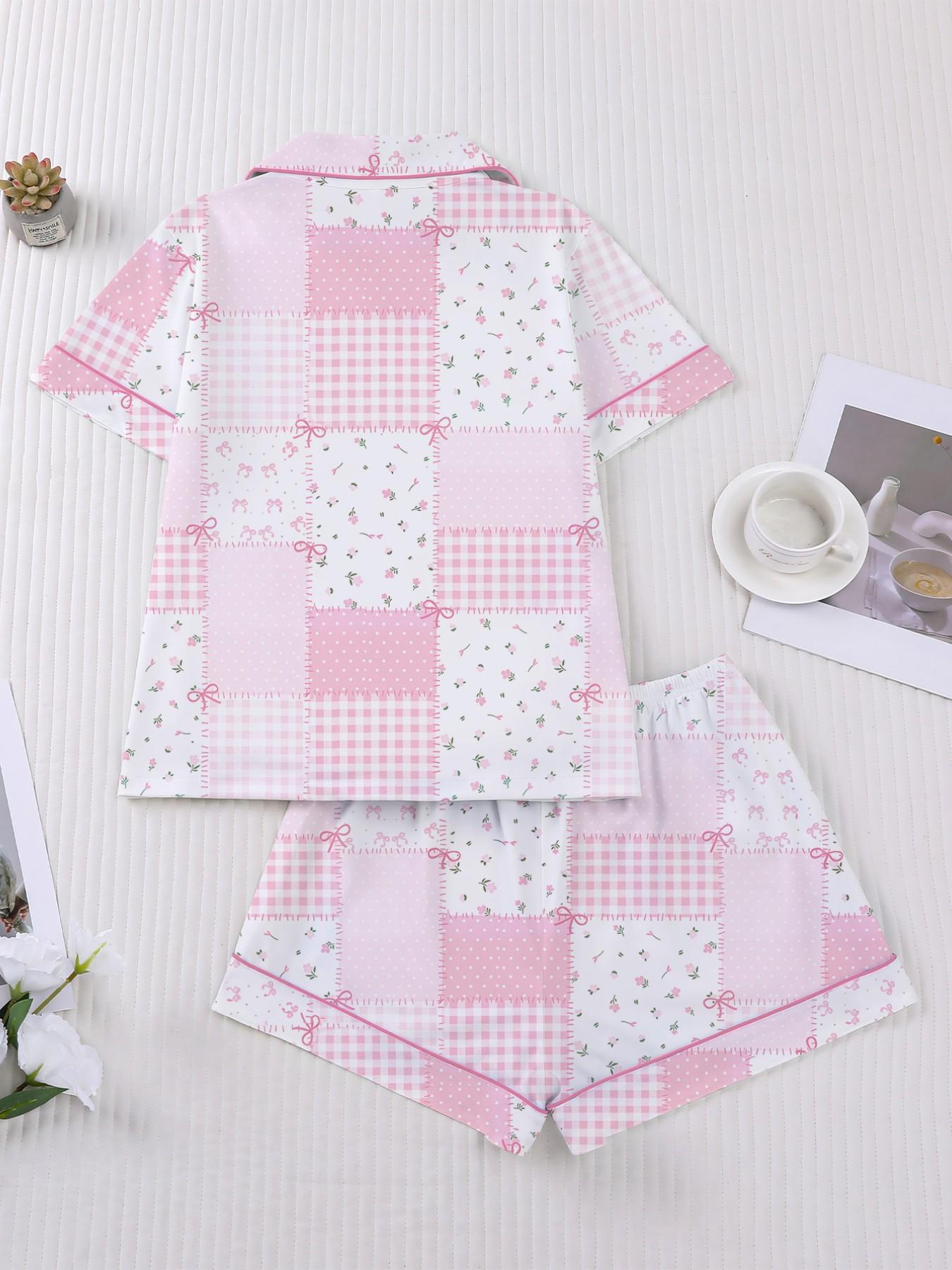 Women's Plaid Floral Bow Print Short Sleeve Shorts Fitted Pajama Set, Casual Everyday Home Wear Loungewear Suit, Comfortable Sleepwear for Women