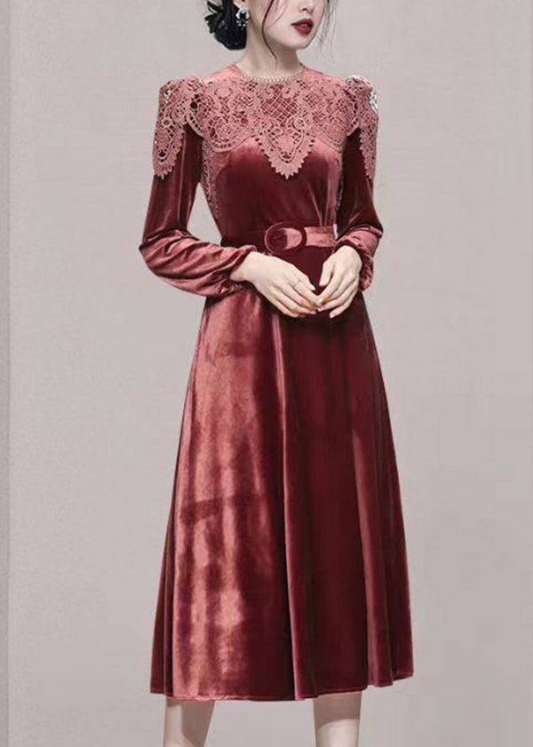 VCSHOES Brick Red Lace Tunic Patchwork Velour Long Dresses Fall