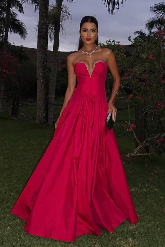 Lvs&Broner Chic Strapless V Neck Sleeveless Long Prom Dress With Pleated