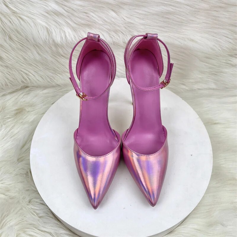 VCshoes Bling Purple Ankle Buckle Strap Pointed Toe 6cm 8cm 10cm 12cm High Heel Hollow Big Size 33-46 Women Pumps QP232