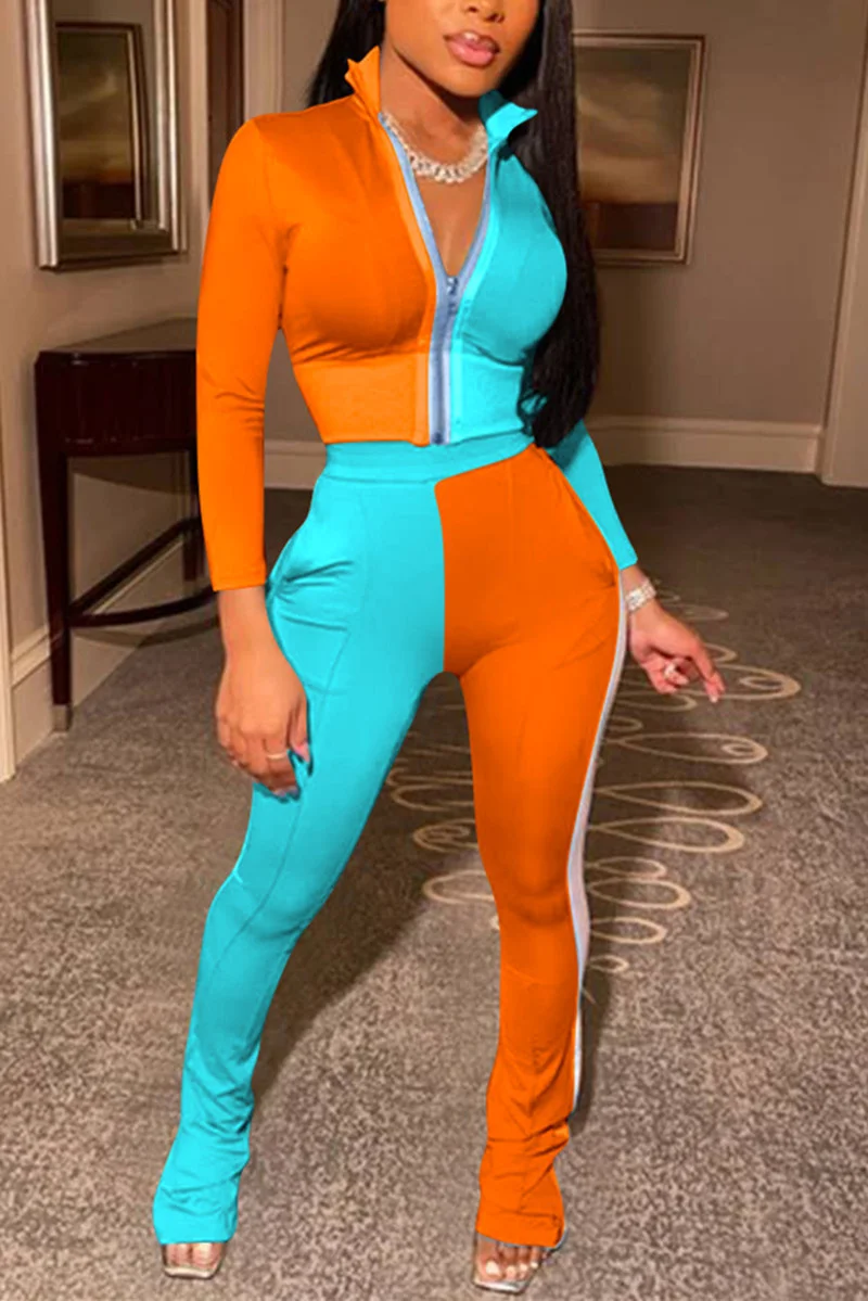 Orange venetian Fashion Casual adult Ma'am Patchwork Solid contrast color Two Piece Suits Straight Long Sleeve Two Pieces | EGEMISS