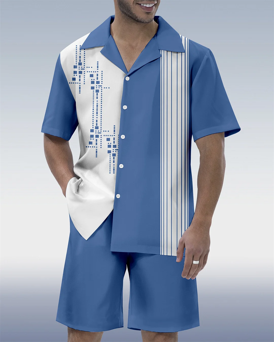 Men's Geometric Art Print Hawaiian Vacation Short Sleeve Suit 078