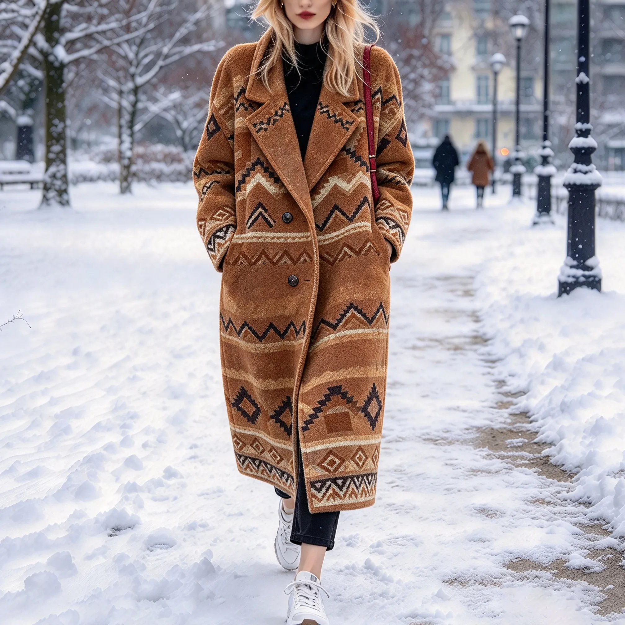 Comstylish Comstylish Women's Retro Ethnic-style Geometric Print Warm Coat