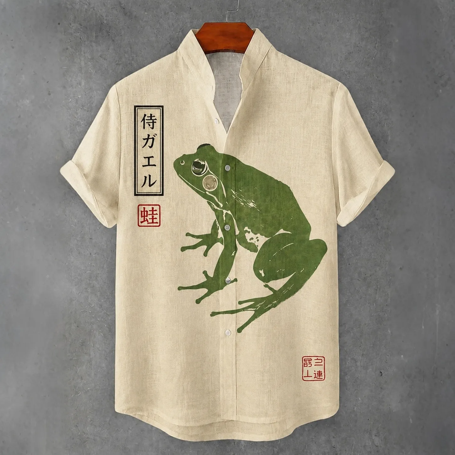 Vintage Japanese Frog Art Print Casual Linen Shirt  artssus