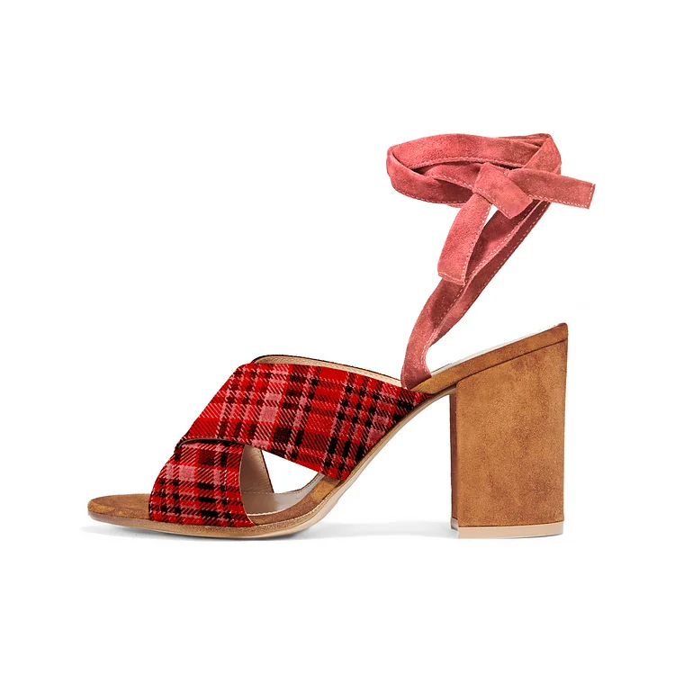 Red Plaid Block Heel Sandals Strappy Vintage Heels Sandals |FSJ Shoes